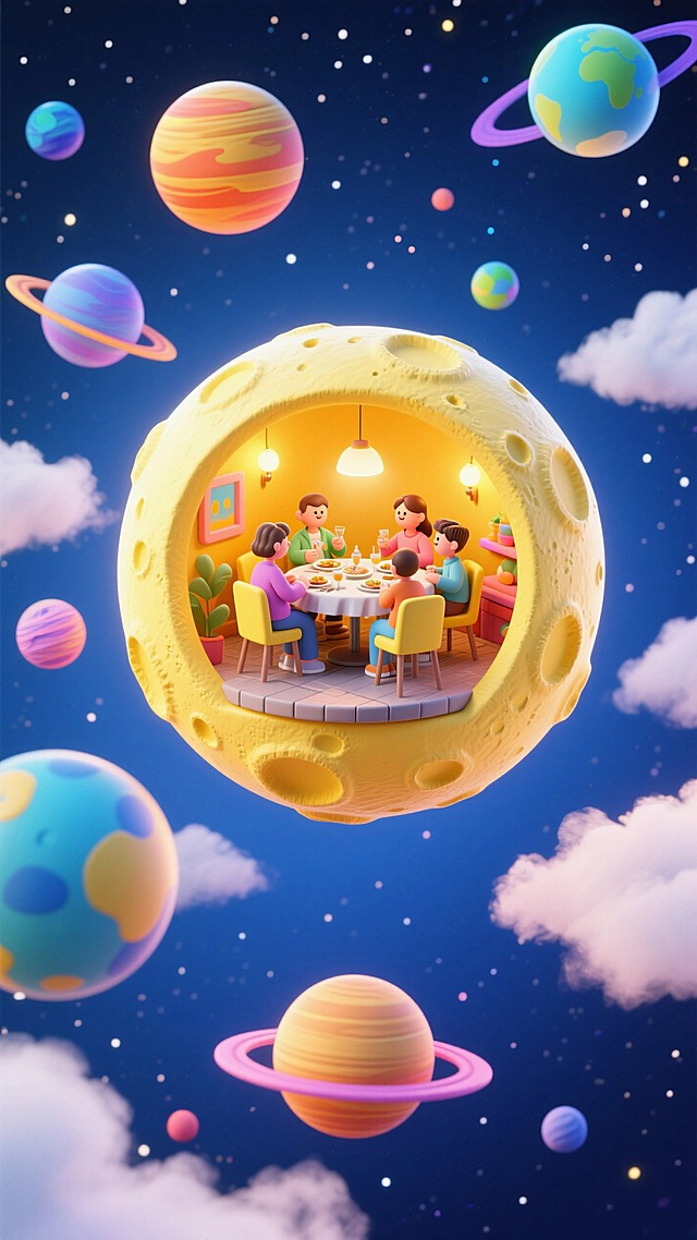 一个黄色月球形状的微缩场景（里面展示的是餐厅，一家人围坐在圆桌旁用餐），漂浮在深蓝色星空中，周围漂浮着彩色星球