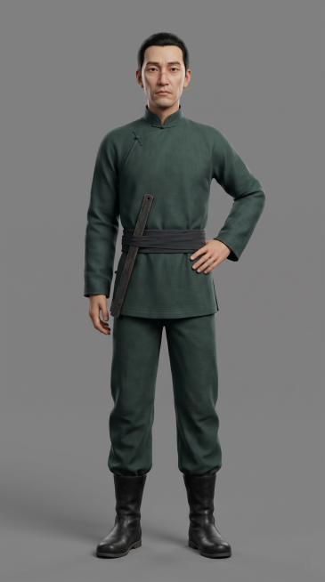 全身照，正视图，灰色背景3D动画风格，纹理细腻，全身站立，严格6:8头身比例，体态匀称，腿部修长，东方人体比例，精准稳定。三十八岁东方男性，长脸三角眼，鼻梁有浅疤，嘴角下撇，身穿皂青色衙役公服，腰佩铁预览效果
