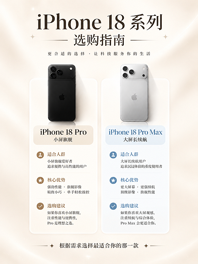 删除这张海报中所有与iPhone 18 Ultra相关的内容：

1. 删除最右侧整个"iPhone 18 Ultra"卡片（包括手机图、标题"iPhone 18 Ultra 极致性能"、适合人群、核心优势、选购建议全部内容）
2. 保留左侧"iPhone 18 Pro"和中间"iPhone 18 Pro Max"两个卡片
3. 调整两个卡片的位置使其在画面中居中对称，间距均匀
4. 顶部标题"选购指南"和副标题保持不变
5. 底部文字"根据需求选择最适合你的那一款"保持不变

整体布局重新调整保持平衡美观，背景和装饰元素保持原风格。