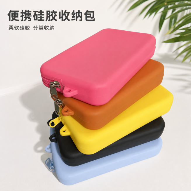 [主图-1] 硅胶收纳包多色整齐陈列首图。
[氛围风格] 简约清新家居感，整洁有序
[画质] 商业摄影质感、光线柔和通透、产品清晰真实、画面干净高级
[元素] 五款不同颜色（粉色、棕色、黄色、黑色、蓝预览效果