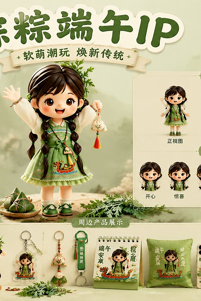 将现有粽粽端午IP设计展板修改为A3尺寸横版，保留所有原有内容和排版结构：顶部标题“粽粽端午IP”、副标题“软萌潮玩 焕新传统”，左上人物档案卡，右上三视图+表情延展，下半区周边产品平铺展示。保持原有的黏土3D软萌国风风格，低饱和度莫兰迪青绿色调，所有文字内容、元素位置和设计细节不变，仅调整画布尺寸适配A3横版比例，画面清晰，排版精美，分辨率4K。