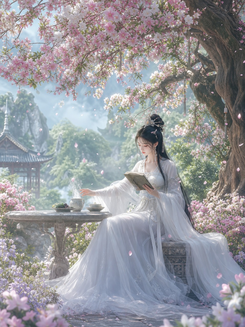 3D唯美古风CG插画，竖版3:4，画面梦幻空灵。场景：绿意盎然… - 图片创意预览