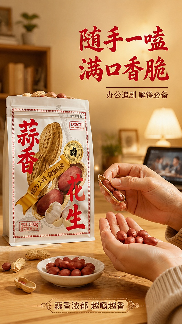 [第6屏] 手部食用动作屏 — 手剥花生、取食入口，分享氛围。本屏使用【图1】产品包装，置于画面左侧。
[氛围/风格] 轻松治愈零食感，生活化场景，暖光，商业摄影质感。
[元素布局] 画面右侧：一双自然的手，一只手拿着带壳花生正在剥开，另一只手托着几颗剥开的红皮花生仁，动作自然真实；左侧：【图1】产品包装袋立放在木质桌面上，袋口微微打开，露出里面的花生；桌面上散落几颗花生和一个小瓷碟，碟中盛有剥好的果仁；背景虚化的暖光客厅/书房环境；整体营造追剧、休闲时吃花生的氛围。
[光影质感] 右侧暖光台灯效果，柔和侧光，手部皮肤质感自然，花生纹理清晰，桌面有柔和投影。
[配色色系] 全局底色 #F5EAD3 暖米黄；主色木桌浅棕 #C49A6C；辅助色手部肤色、花生红皮、瓷碟白。
[视角构图] 平视微俯，阅读动线左侧产品 → 中部手部动作 → 右侧/底部文案。
[文字版式] 右上区域主标题「随手一嗑 满口香脆」红色书法粗体；副标题「办公追剧 解馋必备」深棕色黑体；底部一行短句「蒜香浓郁 越嚼越香」配小花生图标；字体风格与首屏统一。
[比例分辨率] 9:16 竖版比例，4K分辨率，文字清晰可辨，高清画质。
[负向提示词] 手部变形，手指怪异，产品包装变形，文字错乱，水印，颜色偏差，背景杂乱。