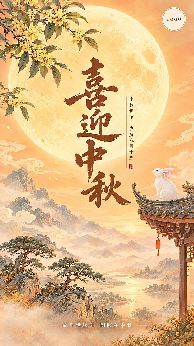基于这张中秋海报，保持画面构图、元素、文字排版完全不变，将整体颜色调整为更浅更明亮的暖橙色调，降低红色饱和度，底色改为柔和的浅橙黄渐变，整体色调更浅更通透，与参考图的浅暖色调一致，保留新中式国风插画风格，细腻手绘笔触，哑光肌理。