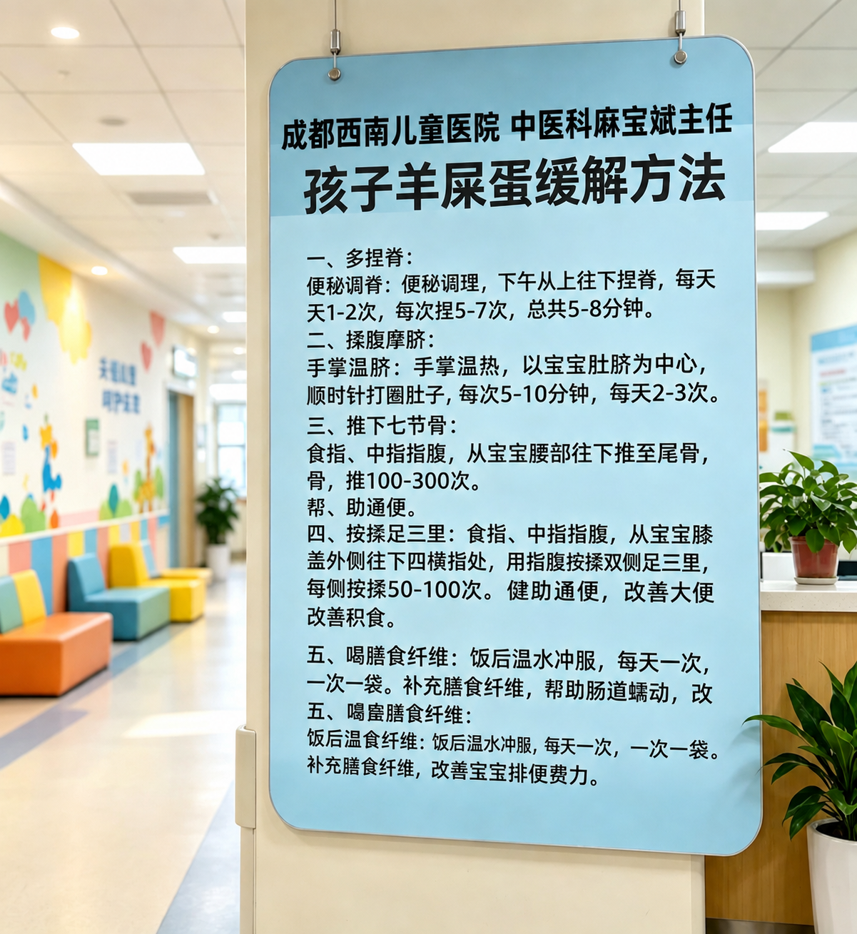 在公告板标题“孩子羊屎蛋缓解方法”的上方，添加一行文字“成都西… - 图片创意预览