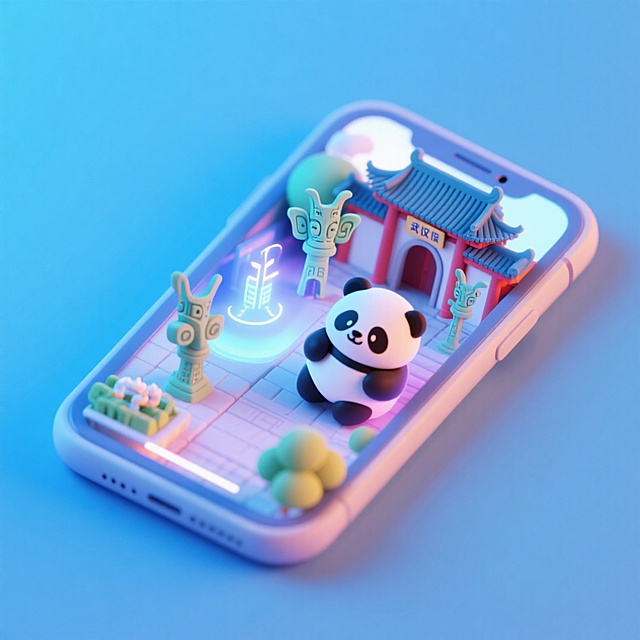 软3D风微缩艺术，熊猫与古建筑在手机屏幕中梦幻联动，霓虹灯效点缀未来感，卡通化设计融合科技与传统文化，营造虚拟现实中的可爱场景。