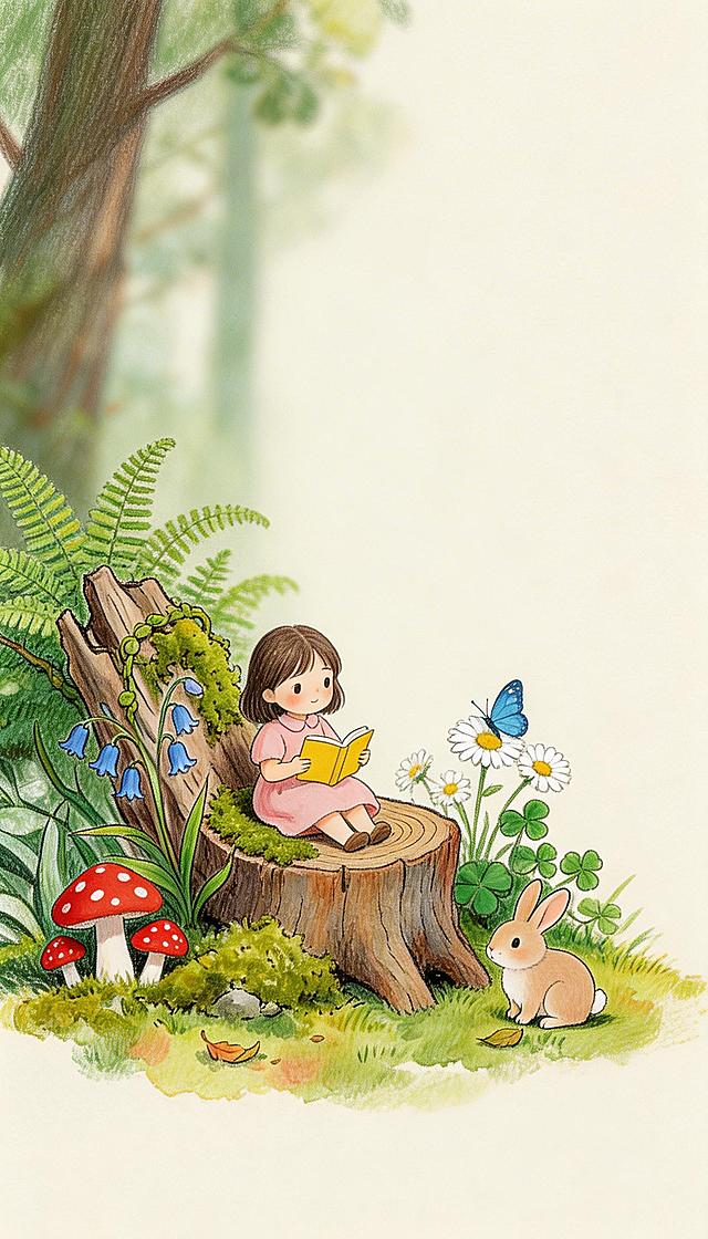 参考参考图中的手绘水彩+彩铅方式，绘制治愈温暖的插画，内容是森林里的治愈小场景，有可爱的小人物和自然植物，风格温暖清新，色彩柔和，带有细腻的手绘线条质感