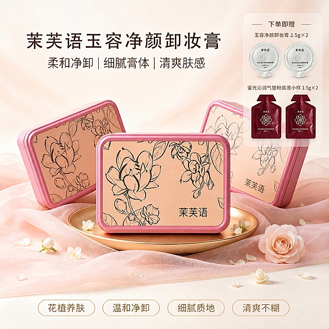 电商主图合成编辑，4K超高清，排版精致、赠品清晰。严格保持原主图 https://gdesign-dam-hz.dancf.com/37923654324706356/c130a0aa9a0b451d87d1c7f2bad8c3ab.png 所有元素完全不变：暖粉/米色渐变背景、顶部大标题"茉芙语玉容净颜卸妆膏"、副标题"柔和净卸 | 细腻膏体 | 清爽肤感"、中央粉色铁盒（1个正立+2个斜放）置于金色圆形托盘上、底部粉色薄纱与白色茉莉花苞、花瓣、浅粉玫瑰装饰、底部四个圆角标签"花植养肤""温和净卸""细腻质地""清爽不糊"全部原样保留，禁止重绘产品、禁止改背景、禁止移动原图元素。
在画面右上角留白区域新增一块精致的小型半透明磨砂玻璃质感圆角信息卡，无粗边框、无厚重色块，与柔和背景自然融合。卡片内顶部小标题"下单即赠"，下方两行赠品信息：第1行 玉容净颜卸妆膏 2.5g ×2（两个银白/珠光色圆形铝箔密封小罐并排展示，图标大小适中清晰，罐身文字清晰可读）；第2行 鎏光沁润气垫粉底液小样 1.5g ×2（两个深酒红色扁平异形软铝箔袋、顶部梯形撕口并排展示，图标大小适中清晰，袋身文字清晰可读）。赠品外观严格按用户原图还原。
卡片整体小巧精致、通透高级，与主图留白和花瓣氛围协调，严禁遮挡大标题、副标题、铁盒产品、底部标签。全部中文横排，无极限词无虚假功效，无平台Logo水印，4K超清细节。
[负向提示词] 变形，文字错乱，产品模糊，赠品模糊，赠品太小，粗边框，厚重色块，水印，平台Logo，遮挡，竖排文字，背景改色，赠品形状改变。
