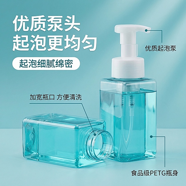 [垫图] https://gdesign-dam-hz.dancf.com/35906248838074407/43b9972d4c3e48b2b34c7ccbadc19622.jpg
[主图主题] 起泡瓶按压瓶电商主图
[氛围/风格] 参考图四渐变色浅蓝青背景，简约专业电商质感，清新通透，光影柔和
[画面元素] 产品主体为两个透明方形起泡瓶（外观与原图一保持一致），一个竖放一个横放，产品占据画面中心位置，背景全屏铺满无边框，带有柔和光影渐变。使用纤细深色引线连接产品对应部位进行细节标注
[配色色系] 主色调：参考新图的浅蓝青渐变背景，和原图颜色一致，文字使用深青和白色，和背景形成和谐对比
[视角构图] 平视视角，景深适中，产品主体占比约60%，构图平衡干净
[文字版式] 左上角主标题“优质泵头 起泡更均匀”，字体加粗无衬线白色大字号。主标题下方白色胶囊框写深色文案“起泡细腻绵密”。引线分别标注“优质起泡泵”、“加宽瓶口 方便清洗”、“食品级PETG瓶身”，文字清晰，引线纤细，位置和产品部位严格对应。整体采用左文右图布局，文字悬浮于背景，不遮挡产品核心主体，层级分明，留白合理，符合排版规范
[比例分辨率] 1:1 比例，2k 分辨率
