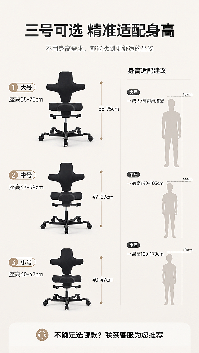 [商品] 使用【图30】参考图中的三号尺寸对比版式；保留黑色工学骑马椅的完整产品结构；参考图中大号/中号/小号的高度对比关系，将椅子替换为【图13】黑色布艺款，保留黑色布艺外观与纹理。
[画面] 目标：空间尺度页，三号规格对比+人体身高适配说明。构图：左侧大中小三号高度对比排列，右侧人体身高适配示意图+文字说明。主体：左侧三号椅子并排（大号最高、中号中间、小号最矮），右侧亚洲人物身高参照（儿童/成人/高个子三个剪影）。场景：纯净奶白背景，清晰展示尺寸线和产品轮廓，地面有柔和投影。前中后景：前景尺寸标注线，中景产品+人物剪影，后景纯白渐变背景，3层信息层级。阅读动线：顶部标题→左侧三号对比→右侧身高适配→底部选购建议。
[视觉] 套系策略：风格=现代轻奢高级家居商业摄影；标题字=现代无衬线粗黑体；正文字=简洁无衬线体；主色=黑色+奶白色+深灰；背景延展=奶白渐变背景，干净通透；强调色=暖焦糖色，仅用于尺寸线端点和重点标签；标题色=深炭灰；正文色=中暖灰；组件=细灰线尺寸标注、圆角序号标签、椭圆型号标；光影=正上方均匀柔光，无明显硬阴影。
[文字] 顶部主标题"三号可选 精准适配身高"（10字）；左侧三号标注："大号 座高55-75cm"、"中号 座高47-59cm"、"小号 座高40-47cm"；右侧身高适配："小号→身高120-170cm"、"中号→身高140-185cm"、"大号→成人/高脚桌搭配"；底部选购建议"不确定选哪款？联系客服为您推荐"。所有文字横排，标注清晰可读。
[规格] 图片比例9:16竖版，4K，quality=medium；避免变形、错字、文字过小、冷蓝背景、产品颜色改变、结构失真。