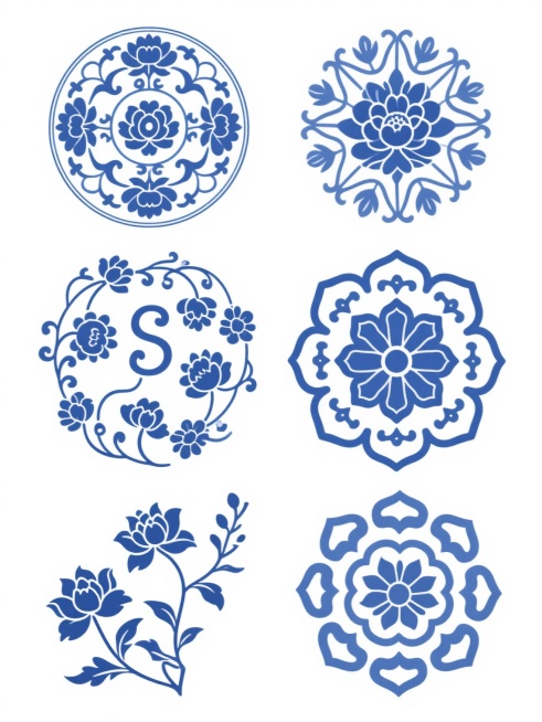 六个完全不同造型和角度的青花瓷纹样集合，均采用纯净的白色背景与经典青花蓝配色，保持传统中国风青花瓷的典雅风格。每个纹样都包含牡丹、莲花等传统花卉元素，但形态各异：有的以缠枝莲为主体呈圆形构图，有的以牡丹为中心呈放射状展开，有的采用S形藤蔓串联多朵花卉，有的是对称式宝相花纹样，有的是自由舒展的折枝花卉形态，还有的是几何化变形的花卉组合。所有纹样均为纯线条勾勒与块面填充结合的平面设计，线条流畅优美……预览效果