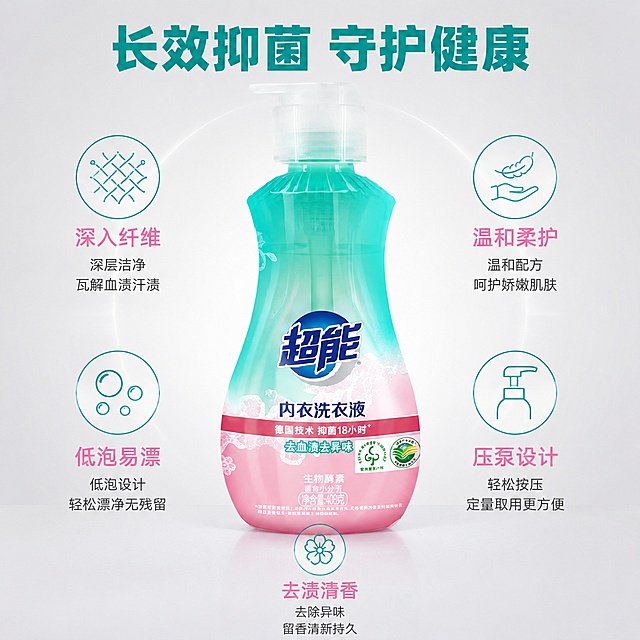 使用电商主图技能生成8张比例1:1的电商主图，适配平台为淘宝/天猫，商品为「图片1」「图片1」，商品卖点为内衣内裤洗衣液 温和清洁去渍清香，长效抑菌/深入纤维/温和柔护/低泡易漂/压泵设计