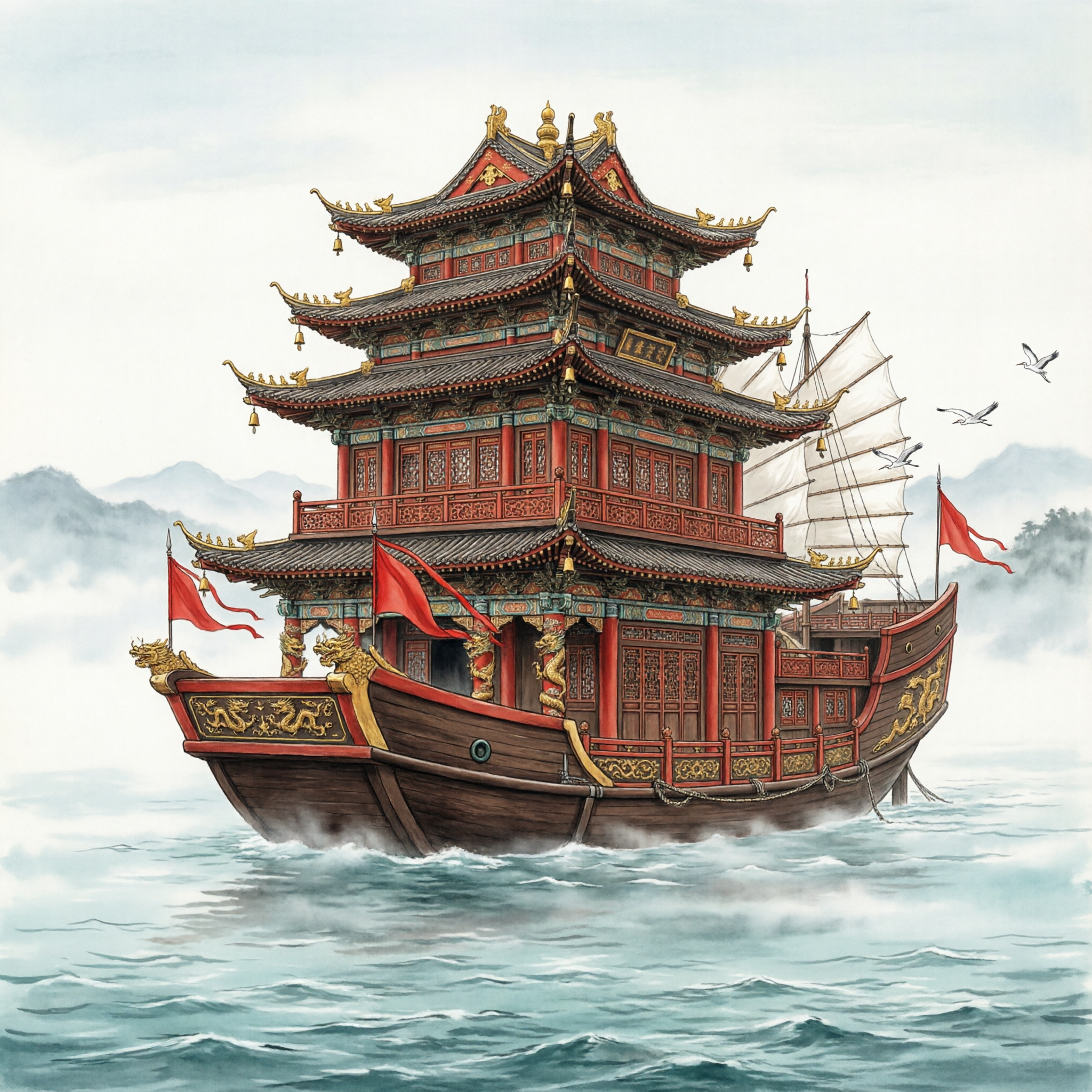 古代楼船，中国古代大型多层木质战船，船体高大雄伟，有多层楼阁结… - 图片创意预览
