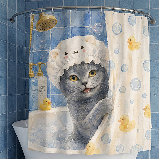 将第一张图的蓝猫洗澡水彩画，替换当前图片浴帘上原来的乌龟图案，保留浴帘的褶皱形状，不拉伸图案，保证图案和浴帘自然融合，保持原浴室场景不变，生成图片比例为1:1