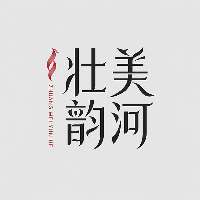 浅灰色背景，黑色字体，严格参考图片的字体设计结构和笔画风格，生成四个字"壮美韵河"LOGO。字体风格：字体分为上下两排，左排两个字、右排两个字，笔画做飘逸设计，撇捺等笔画延伸飘逸化处理，笔画转折利落，部分笔画做曲线飘逸设计，结合了书法飞白与现代设计感，左侧竖向排列红色装饰飘带和对应拼音ZHUANG MEI YUN HE。排版结构：左上"壮"、右上"美"，左下"韵"、右下"河"，左侧添加红色飘带图形，飘带下方竖向排列拼音，整体布局完全参考示例结构。仅包含四个字"壮"、"美"、"韵"、"河"，不得增加、遗漏或替换任何一个字。文字整体必须完整呈现在画面内不可被裁切，四周留有安全边距。比例1:1
