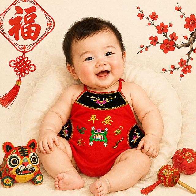 百天宝宝穿着图中的红色传统肚兜，肚兜上带有刺绣的平安文字和五毒纹样，整体为中国风传统年画风格，背景简洁干净，画面温馨喜庆