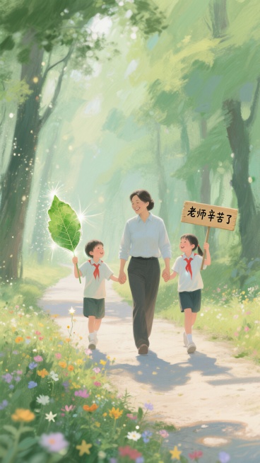 浅绿色森林背景，老师牵着两个学生的手走在林间小路上，学生手里分别拿着用树叶做的书签和写有 “老师辛苦了” 的小木牌，路边野花点缀，自然清新氛围。预览效果
