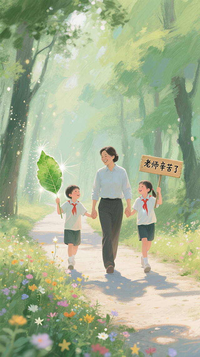 🌳森林小道上，师生温情画面太治愈