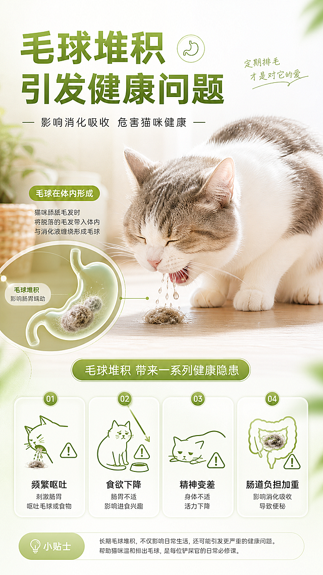 清新绿意插画风，柔和水彩质感搭配扁平设计，轻拟物手法呈现猫咪毛球问题，传递舒适健康理念，简约主义布局强化信息传达。