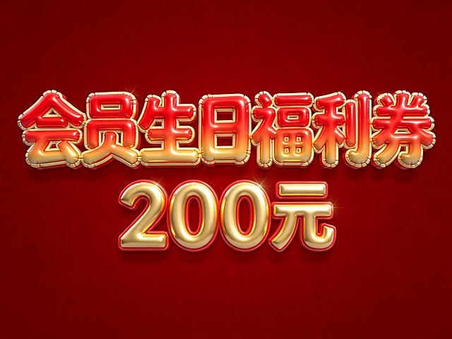 干净的纯深红色背景。
3D艺术字体设计，6字主体文字"会员生日福利券"，"200元"，所有文字单行横向排列，强烈促销氛围立体艺术字，膨胀气球卡通立体风格，笔画带有夸张张力和明亮光泽，主体文字使用红色描金渐变，"200元"使用亮金色突出。
仅包含文字："会员生日福利券 200元"，不得增加、遗漏或替换任何一个字。
文字整体必须完整呈现在画面内不可被裁切，四周留有安全边距。比例 4:3。