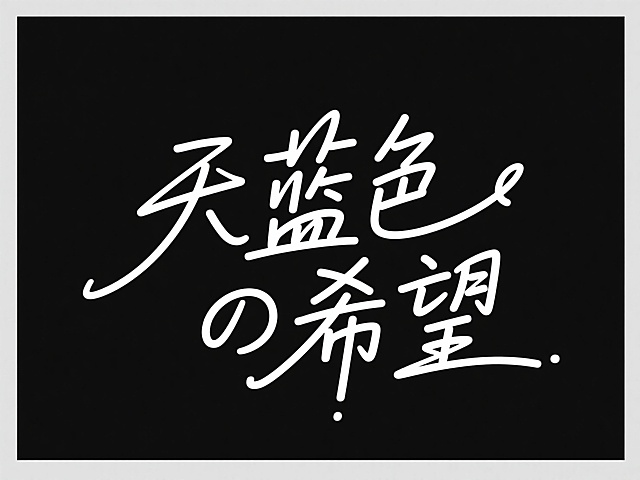 文字“天蓝色の希望 ”。童趣感，秀丽笔手写字体，黑底白字，线条均匀流畅，收笔略有拖尾，结构清晰，偏几何感，笔画之间距离较匀，连笔。