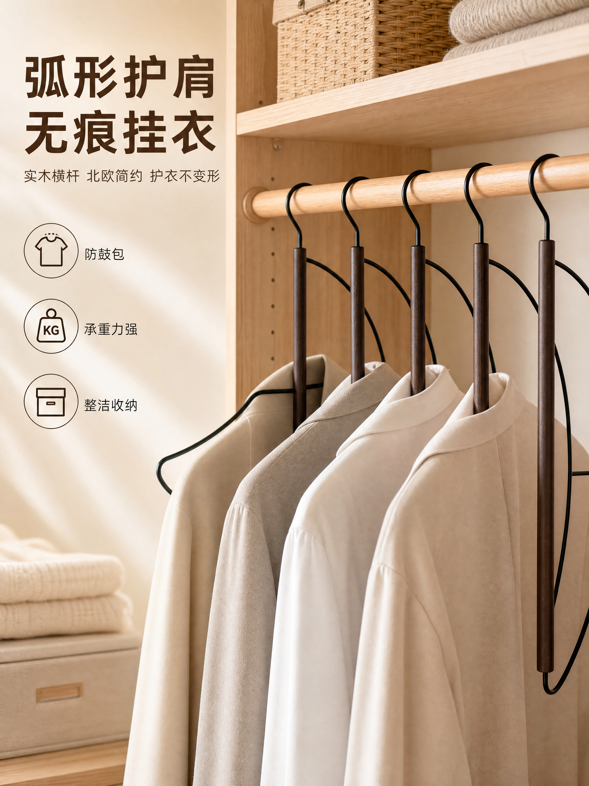 [商品] 使用【图1】黑金属弧形衣架，深胡桃木色实木横杆，哑光… - 图片创意预览