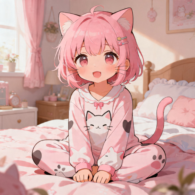 一个名为妙喵酱的可爱二次元猫咪拟人角色，软萌萝莉形象，粉色系发色，穿着可爱猫咪睡衣，背景是温馨治愈的少女卧室，风格软萌细腻，光影柔和，插画风格预览效果
