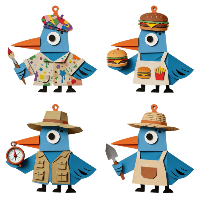 参考图中蓝色折纸小鸟IP形象，保持主IP基础造型、蓝色主体、橙色挂饰完全不变，生成包含已有画家穿搭在内的一共4种不同穿搭，另外3种可以是吃货、探险、园丁穿搭。保持纸片分层动画风格，多层cut-out结预览效果