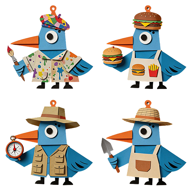 参考图中蓝色折纸小鸟IP形象，保持主IP基础造型、蓝色主体、橙色挂饰完全不变，生成包含已有画家穿搭在内的一共4种不同穿搭，另外3种可以是吃货、探险、园丁穿搭。保持纸片分层动画风格，多层cut-out结构，纸张边缘清晰，投影分层明显，手工拼贴质感，平面与空间结合，四个形象排列在同一张图，背景为纯白色