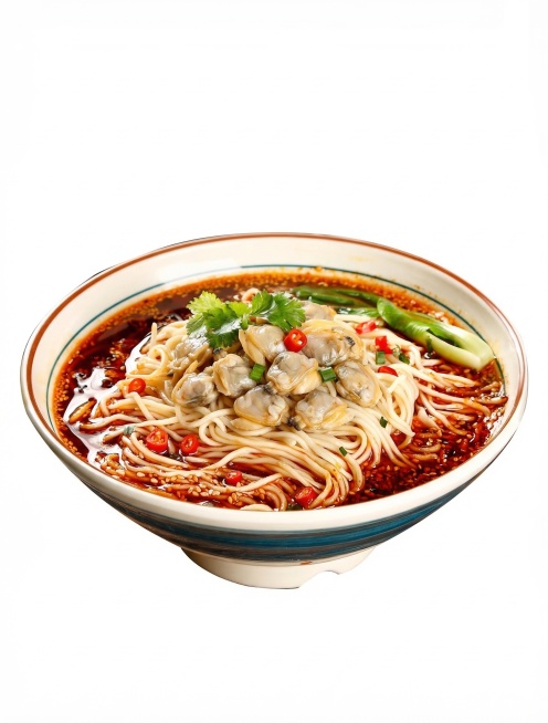 将图中面上的牛肉块替换为新鲜的蚬肉丁，保持面条、红汤、辣椒、香菜和碗的整体风格和构图不变，保持美食摄影的质感预览效果