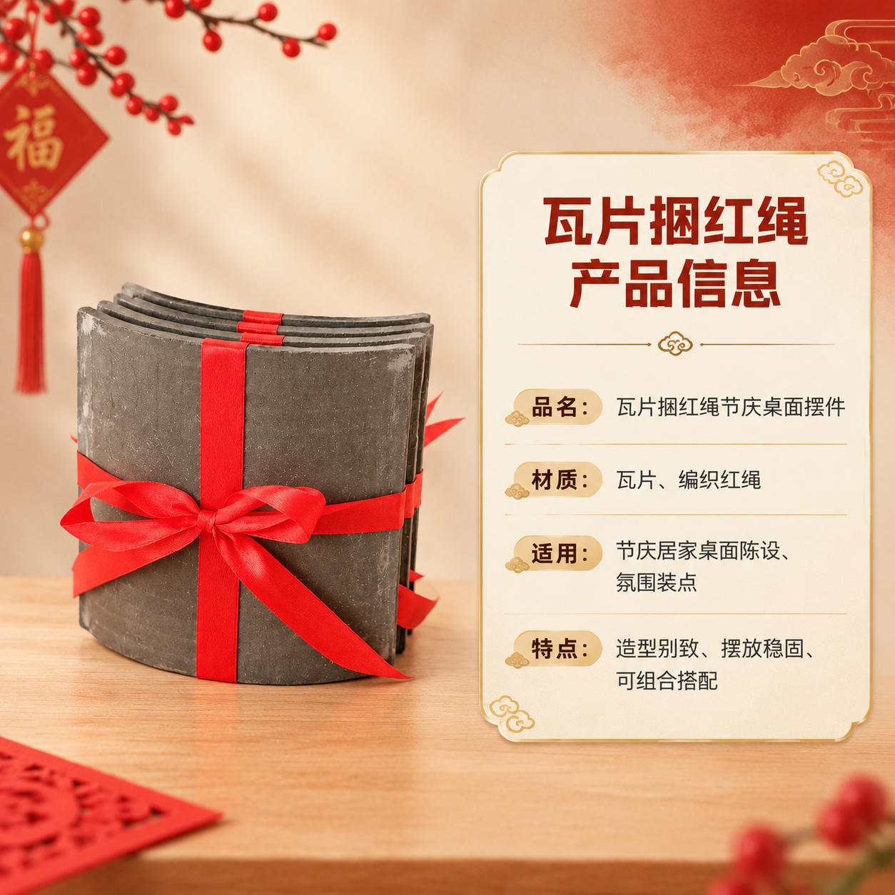 [商品] 使用【图1】瓦片捆红绳节庆桌面摆件；保留瓦片青灰色弧… - 图片创意预览