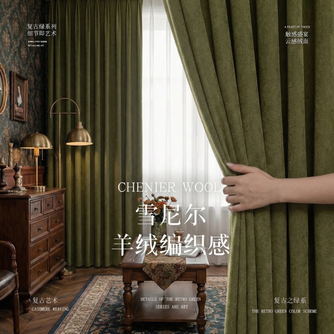 把窗帘的颜色变成橄榄绿色，不要改变原来窗帘的质感材质，其余保持不变，也不要改变字的字体，颜色，大小，排版布局；（换色）预览效果