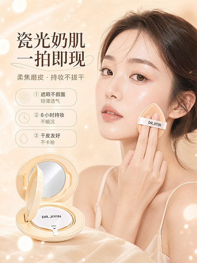[商品] 使用【图1】开盖气垫、【图3】水滴粉扑；保留气垫盒、粉扑的颜色、Logo、结构与比例；产品保真。
[画面] 第4张·真人妆效展示：半身氛围型，目标展示上脸后的瓷光奶肌妆效。画面右侧为亚洲女性模特半脸/侧脸特写（肩部以上），肌肤呈现瓷光奶油肌质感，毛孔隐形、妆面通透有光泽，无卡粉斑驳；模特手持水滴粉扑（图3）轻按脸颊，做补妆/上妆动作。画面左下角放置开盖气垫产品（图1），与模特自然融合。背景为奶杏色柔焦渐变，带柔和光晕与水光粒子，前景有虚化光斑，中景模特+产品，后景朦胧，形成3层景深。左侧约30%留白做文案区。
[视觉] 套系策略：风格=奶杏色高级感美妆商业摄影，柔焦水光氛围，轻奢院线风；标题字=优雅衬线粗体+现代无衬线组合；正文字=简洁无衬线体；主色=奶米杏色（#F5E9D8）；背景延展=基于奶米杏做深浅渐变、同色柔焦光晕、细腻水光/粉体粒子质感；强调色=暖金棕（#C9A87C），仅用于小面积图标、引线、标签和高光点缀；标题色=深咖棕（#5A4632）；正文色=中暖灰棕（#8B7355）；组件=圆角浅底信息卡、细线引线、圆形icon徽章；光影=左前上方暖柔光，人物面部光线均匀柔和，产品有轮廓光，整体通透。
[文字] 左侧上方主标题「瓷光奶肌 一拍即现」，副标题「柔焦磨皮 · 持妆不拔干」；下方编号列出3条妆效利益：「① 遮瑕不假面 轻薄透气」「② 8小时持妆 不暗沉」「③ 干皮友好 不卡粉」；文字不遮挡模特面部与产品主体，所有文字横向排版，字号手机端可读。
[规格] 图片比例3:4竖版，4K，quality=medium；避免变形、错字、文字过小、过度磨皮失真、冷色调、医疗化表述、极限词。