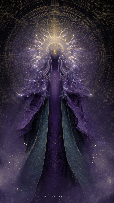 Transcendent cosmic spirit with gradient skin (deep violet to pale lavender, dotted with tiny glowin预览效果