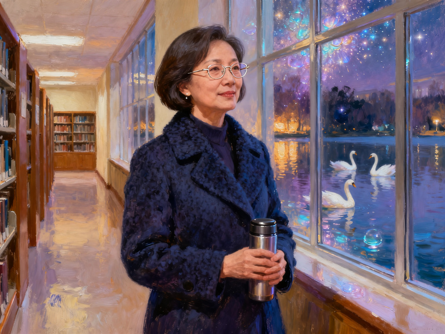 温和大学女辅导员陈老师，40多岁，留齐耳短发，戴细框金属眼镜，冬天穿藏青色呢子大衣，手里拿一个保温杯，站在图书馆走廊，身后是落地窗，窗外是天鹅湖夜景，暖光，知性沉稳，写实风格预览效果