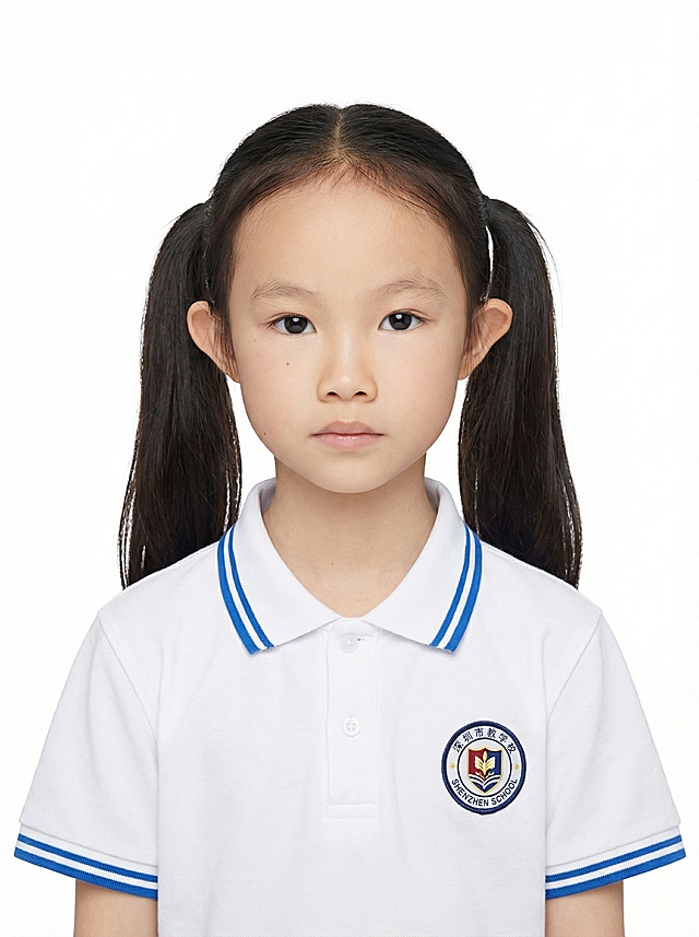 将人物衣服替换为深圳小学校服，保持白底1寸照规格