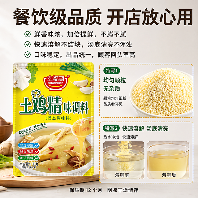 「图片1」，生成电商主图（5张），商品名称是幸福哥土鸡精1千克，卖点是主图 1：首图（黄金引流款・抓点击率）
画面布局
背景层：虚化特写图 —— 冒着热气的鸡汤 / 家常菜，汤汁浓郁鲜亮，整体暖黄调，强化食欲感。
主体层：鸡精袋居中摆放，轻微倾斜，正面完整展示品牌、品名、1kg 规格，不被遮挡。
文案层（醒目大字，对比配色，拼多多风格）
顶部横幅（红底白粗字）：幸福哥土鸡精 1kg 商用大包装
中部小字（白色 / 黄色）：鲜香味浓 | 加倍提鲜 | 快速溶解
底部加粗红字：炒菜煲汤专用 开店摆摊家用通用
信任标签层（边角点缀，拼多多用户爱看到）
右上角：餐饮同款配方、万人复购
左下角：开袋即用 提鲜一步到位
美工要求
整体简洁大气，突出汤汁鲜亮质感，文字字号手机端清晰可见，不遮挡产品主体。
主图 2：场景用法图（解决 “能做什么”，提升意向）
画面布局
背景层：浅米白 / 暖黄色纯色背景，干净清爽，不抢戏。
主体层：鸡精袋置于画面左侧，和首图角度保持统一。
右侧三分格场景实拍（等比例分割，拼多多用户一眼看懂）
左格：煲汤 / 鸡汤特写 → 标注：煲汤提鲜 汤汁浓郁
中格：炒菜 / 家常菜特写 → 标注：炒菜调味 鲜香入味
右格：火锅 / 汤底特写 → 标注：火锅汤底 增香提鲜
文案层
顶部标题（红底白字）：一料多用 全场景适配
底部通栏小字：炒菜、煲汤、火锅、面食、凉拌 通用
美工要求
所有食物图突出鲜亮、诱人质感，标签用圆角白底 + 红边，不遮挡菜品主体，整体干净清爽。
主图 3：品质细节图（建立信任，打消商用顾虑）
画面布局
背景层：浅灰简约背景，突出细节质感，偏专业风。
主体组合：鸡精袋正面 + 两大特写区域
特写 1：鸡精颗粒质地特写（装在小碗里，展示均匀颗粒、无杂质）
特写 2：溶解前后对比图（鸡精快速溶解在热水中，汤汁清亮不浑浊）
文案层（分点清晰，✅引导，拼多多用户爱读短句）
顶部大字：餐饮级品质 开店放心用
中部卖点：
✅ 鲜香味浓，加倍提鲜，不齁不腻
✅ 快速溶解不结块，汤底清亮不浑浊
✅ 口味稳定，出品统一，顾客回头率高
底部小字：保质期 12 个月 阴凉干燥储存
美工要求
特写区域用虚线框标注引导视线，文字分段排版，避免大段堆砌，整体传递 “安全、靠谱” 的感觉。
主图 4：性价比商用图（直击拼多多用户 “省钱” 痛点）
画面布局
背景层：白 + 暖黄渐变背景，简约商务风，突出划算感。
主体层：鸡精袋居中放置，旁附简易对比示意图：1kg 大袋 ≈ 2-3 瓶普通瓶装鸡精
文案层（主打省钱、省时、省力，💰符号引导，拼多多用户一眼抓重点）
顶部横幅（红底白字）：1kg 大包装 商用更划算
中部卖点：
💰 大份量更省钱，降低门店调味成本
💰 开袋直接用，不用额外调配，省人工
💰 提鲜效果好，用量省，性价比更高
底部加粗红字：整箱采购价更低 摆摊 / 开店优选
售后标签层（右下角，拼多多用户最关心）：破损包赔、7 天无理由退换
美工要求
对比示意图简约直观，优惠类文字用红色加粗，强化 “省钱、划算” 感知，整体风格偏理性实用。
主图 5：口碑种草图（临门一脚，促进下单转化）
画面布局
背景层：浅暖纹理底色，营造真实种草氛围，贴近拼多多用户。
主体层：鸡精袋放在画面左侧，统一视觉角度。
右侧三栏口碑实拍（真实感拉满，拼多多用户吃这一套）
第一栏：外卖店铺订单截图 → 配文：外卖爆款店同款鸡精
第二栏：商家后厨使用实拍 → 配文：万千餐饮商户长期复购
第三栏：家用成品家常菜 + 手写好评 → 配文：“提鲜效果好，炒菜煲汤都好用，味道鲜不齁”
文案层
顶部大字：实力口碑款 闭眼入不踩雷
底部通栏：开店、摆摊、家用、小吃摊 通用好料
右上角小标签：48 小时极速发货
美工要求
实拍图色调统一，手写好评用真实字体，整体传递 “真实、靠谱、大家都在买” 的种草氛围，贴近拼多多用户习惯。
给美工的统一规范（拼多多主图避坑）
五张主图产品摆放角度、光影、大小保持一致，形成系列感，提升店铺权重；
所有文字不遮挡品牌 logo、产品名称、1kg 净含量，避免违规；
主色调：暖黄、红、白为主，突出汤汁的鲜香质感，符合拼多多用户审美；
字体粗细区分层级：标题加粗放大，辅助卖点常规字体，手机端清晰可读，适配拼多多平台，主图比例为1:1