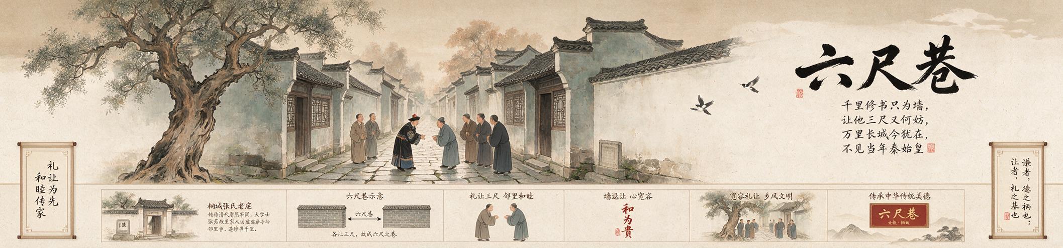 六尺巷主题宣传墙插画，中国风插画风格，宽幅长卷构图，展现清代安… - 图片创意预览