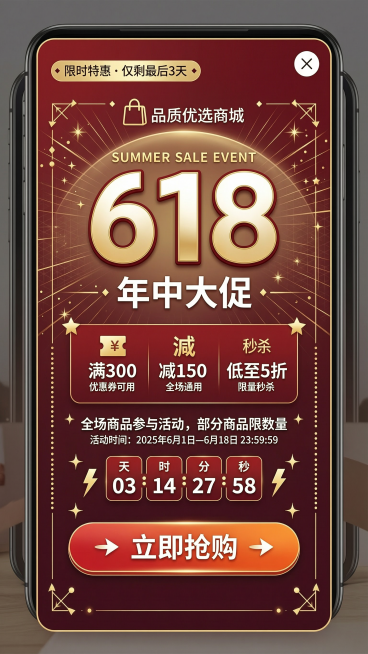 电商促销活动弹窗设计，9:16竖版，带有"618年中大促"醒目标题，底部有立即抢购按钮，红金色渐变背景，简约现代风格，适合手机端展示预览效果