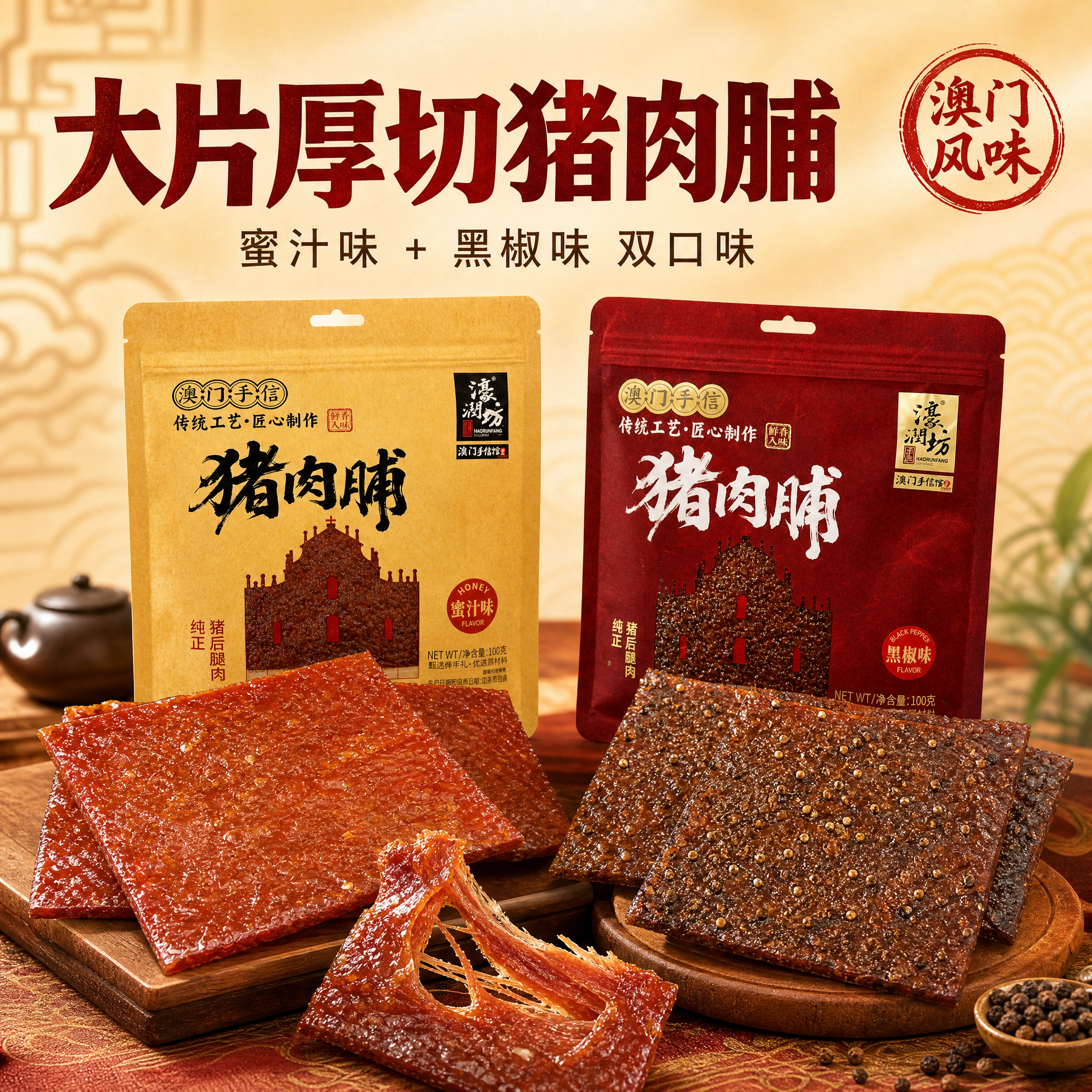 电商主图第1张，首图点击率款，主题：大片厚切猪肉脯 双口味一次… - 图片创意预览