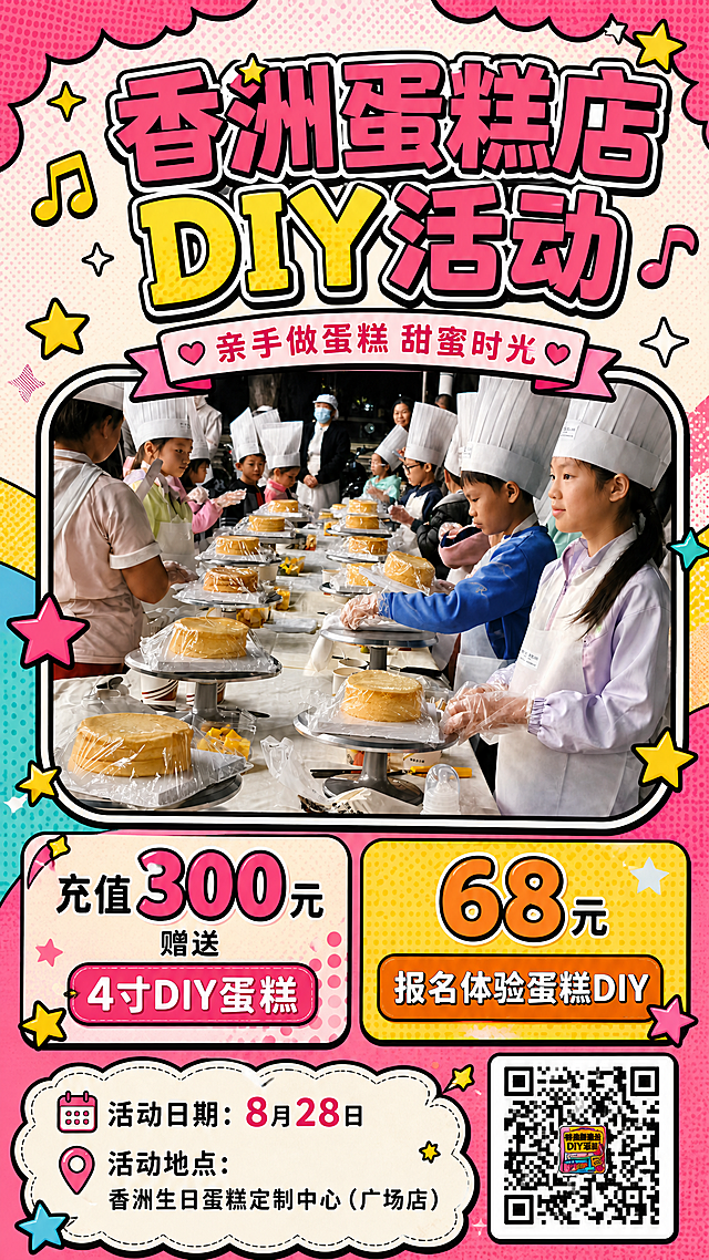 基于图1的卡通波普风海报版式，将画面中央的卡通蛋糕插画区域替换为图2的真实活动照片（孩子们戴厨师帽做蛋糕的场景），照片做圆角矩形加黑色粗描边处理，像贴纸一样融入波普风格，周围保留星星、音符等卡通装饰元素。海报顶部标题"香洲蛋糕店DIY活动"、中部两个福利卡片（"充值300元 送4寸DIY"和"68元 体验蛋糕DIY"）、底部日期地点信息全部保留不变。左下角的"二维码占位"绿色方块替换为图3的微信二维码，保持二维码完整清晰。整体波普漫画风格统一，所有黑色粗描边一致，版式精美。画面中所有数字必须精确渲染。