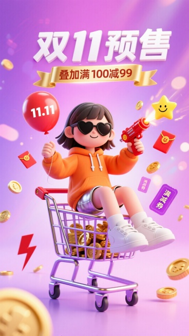 以粉紫渐变背景为主，上方有白色立体文字 “双 11 预售”，金色横幅标注 “叠加满 100 减 99”。中央是一位坐在紫色购物车里的卡通女孩，身穿橙色连帽卫衣和银色短裤，脚踩白色运动鞋，头戴黑色心形墨预览效果