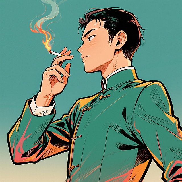 身着中山装的古典男人，耳后叼着烟，抬起一只手，手里隐约有一团火焰