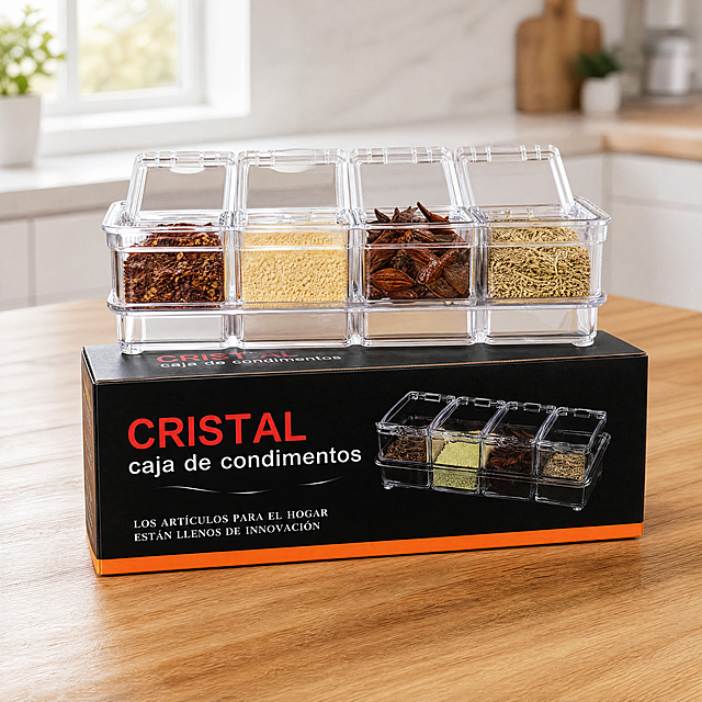 [主图-1] Caja de condimento de cristal. El primer plano del producto en un escenario de cocina limpia. Mantenga el aspecto de la caja de empaque del producto, la estructura fisica, el color y el logotipo de la imagen de entrada completamente consistentes, sin deformacion ni diferencia de color. La caja de condimento transparente de acrilico sin BPA se coloca en la encimera de madera de la cocina moderna, con especias comunes llenas dentro, el fondo es una cocina limpia y ordenada, la luz natural de la ventana brilla suavemente, el cuerpo del producto transparente muestra un sentido de claridad. El texto se usa todo en espanol, de acuerdo con la estetica del mercado europeo y estadounidense. El producto representa alrededor del 85% del area de la imagen, centrado en la pantalla, la resolucion es clara, la textura es real. 
[Atmosfera y estilo] Atmosfera minimalista moderna de cocina domestica, limpia y ordenada, practica y hermosa. 
[Calidad de imagen] Textura de fotografia comercial, luz suave y transparente, producto claro y real, pantalla limpia y de alta gama. 
[Luz y sombra] Luz natural lateral suave, resalta la transparencia del material acrilico, la luz principal ilumina el cuerpo principal, la luz auxiliar llena la sombra, el contraste de luz es moderado, el material es transparente y penetrante, sin reflejo excesivo. 
[Combinacion de colores] Color principal es blanco limpio + color madera natural, auxiliar color negro y naranja de la caja de empaque del producto en sí, combina armoniosamente. 
[Perspectiva y composicion] Vision de cabeza alta, cuerpo principal centrado, enfoque profundo, el producto está completo y no cortado. 
[Proporcion y resolucion] Proporcion 1:1, resolucion 4K. 
[Palabras de sugerencia negativa] Deformacion, marca de agua, texto desordenado, imagen del producto borrosa, fondo desordenado, caracteres chinos.
