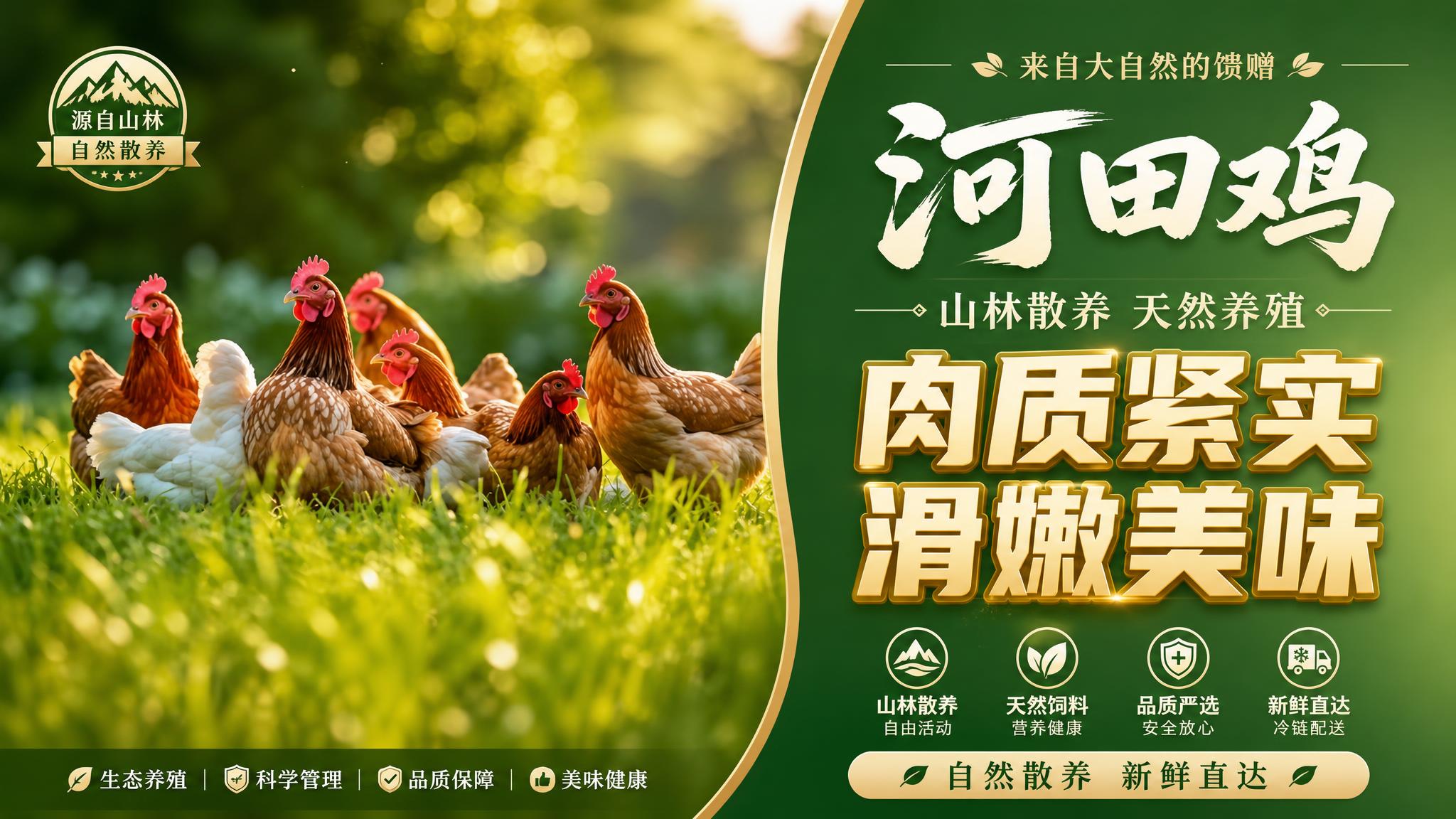 基于上传的河田鸡群在草地上的图片，制作一张横版商业海报，左右布… - 图片创意预览