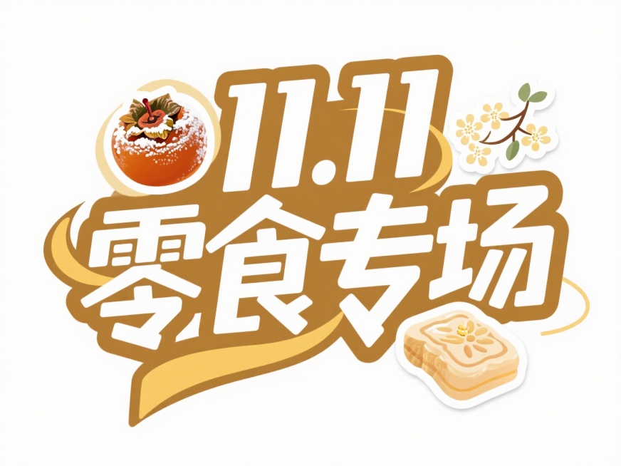 标题“11.11零食专场”，白色字体，整体棕黄配色，文字旁边装饰柿饼和桂花糕等秋冬零食的贴纸，纯白色背景预览效果