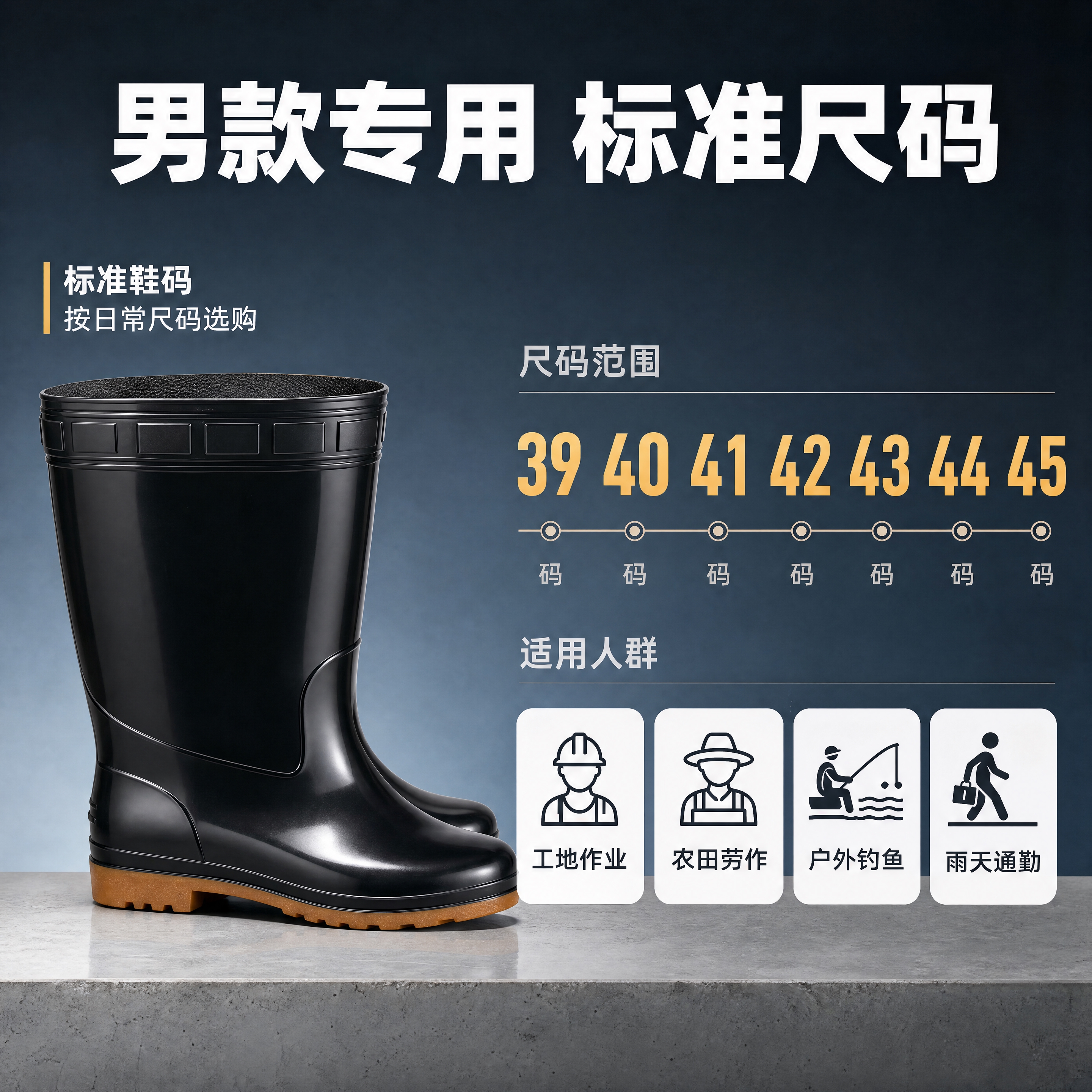 [主图-5] 民望男款雨靴尺码与适用人群补充说明图。 [统一基… - 图片创意预览