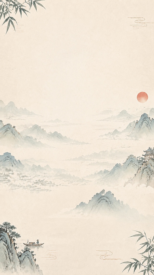 去除画面中所有文字、文字卡片、图标、二维码占位方块及报名引导语，仅保留纯净的中式水墨山水背景画面：宣纸米色底色、淡彩水墨山峦云雾、右上角红日、竹叶装饰、左下角山石松树与江面小船、右侧山间古亭等背景元素。要求背景完整自然，没有任何文字残留和修补痕迹，山水云雾衔接流畅，整体为纯净的国风山水背景图。