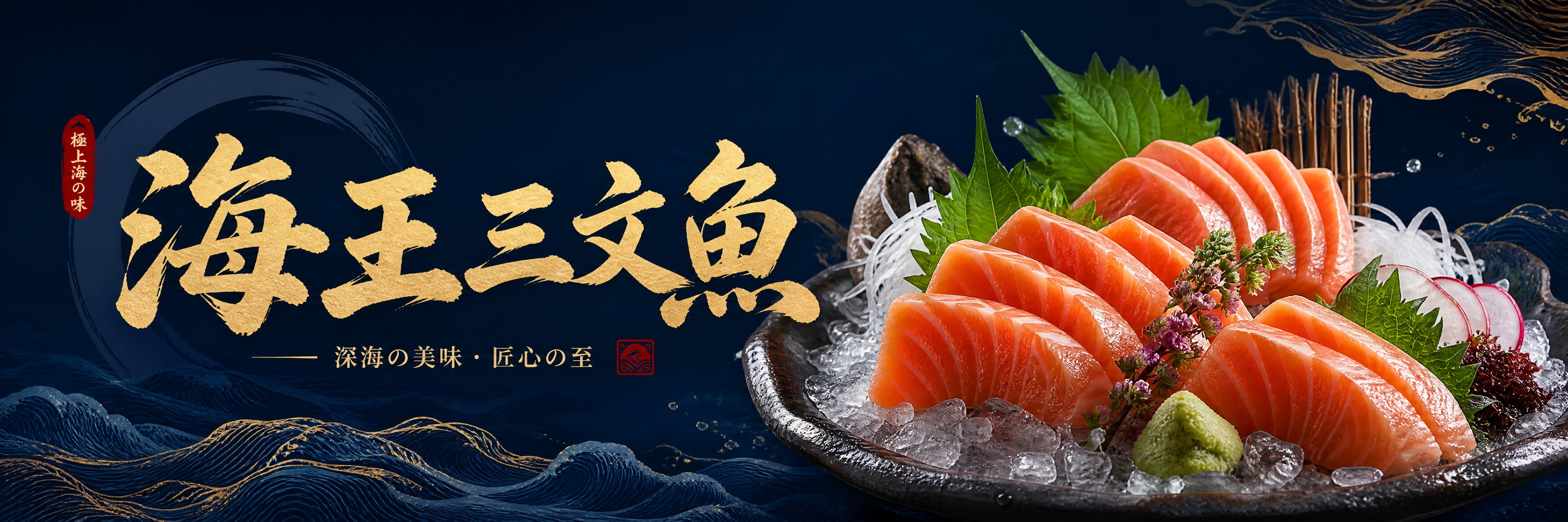 高端日料品牌横幅海报，长幅横向构图，品牌"海王三文鱼"刺身主题… - 图片创意预览