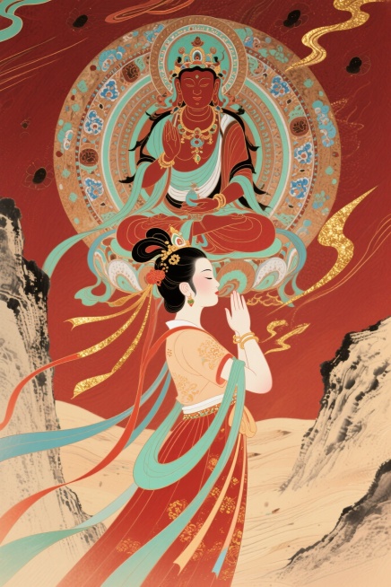 Ydjs风格，沙石纹理与中国非遗景泰蓝工艺融合，郭氏风格，高饱和度视觉效果，复杂手绘纹理，敦煌岩石色彩，非常详细和充满活力的数字插图，传统敦煌壁画风格，丰富中国古典美学，以深红色为主色调，配以金色和其预览效果